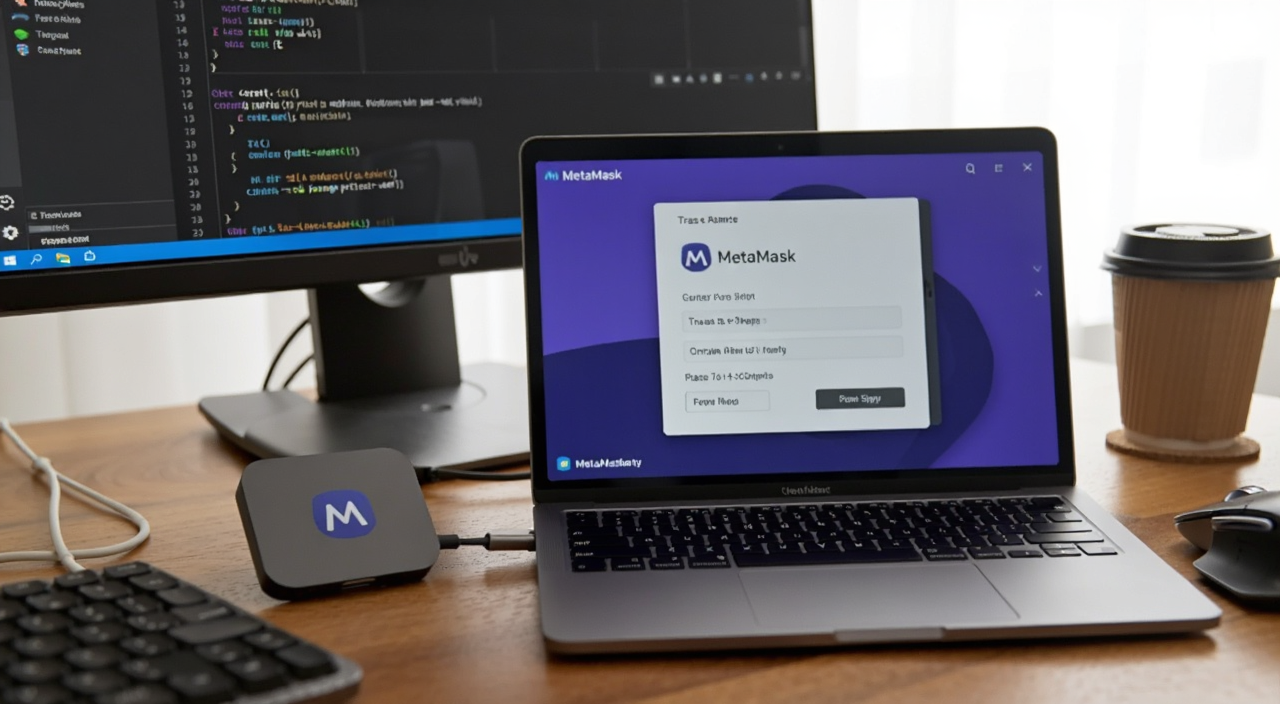 Ledger硬件钱包连接MetaMask后交易签名确认界面,电脑旁放着设备