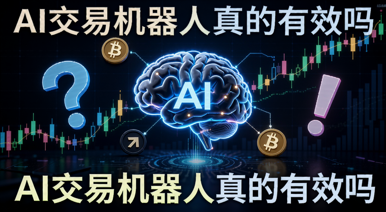 AI交易机器人真实效果解析,画面中央是一个发光的AI大脑连接着K线图和数字货币图标,旁边有问号和感叹号,整体风格偏科技感,图片上文字注明“AI交易机器人真的有效吗”