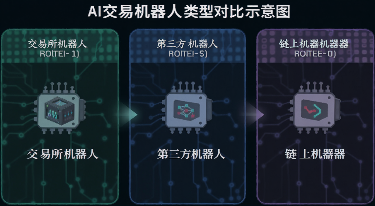 AI交易机器人类型对比示意图,展示交易所机器人、第三方机器人和链上机器人的区别,用简洁的图标和文字标注