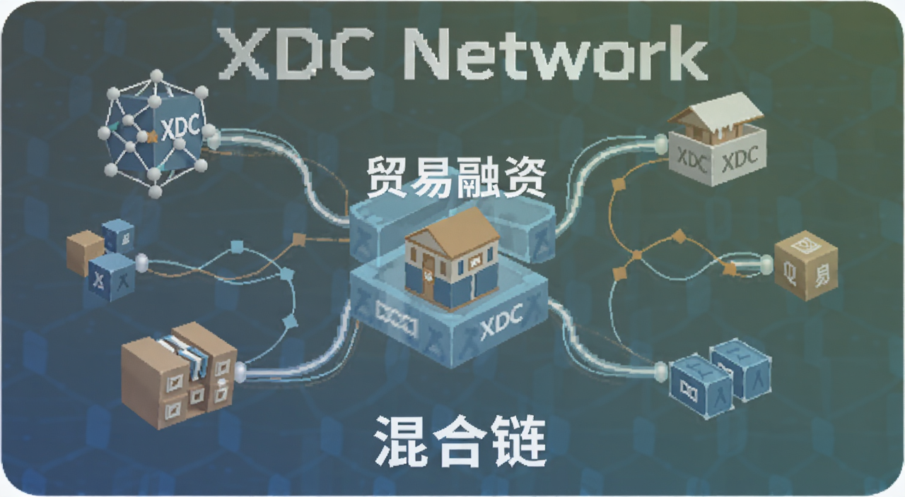 XDC Network 混合区块链 贸易融资 示意图,图中标注“XDC Network”“贸易融资”“混合链”文字
