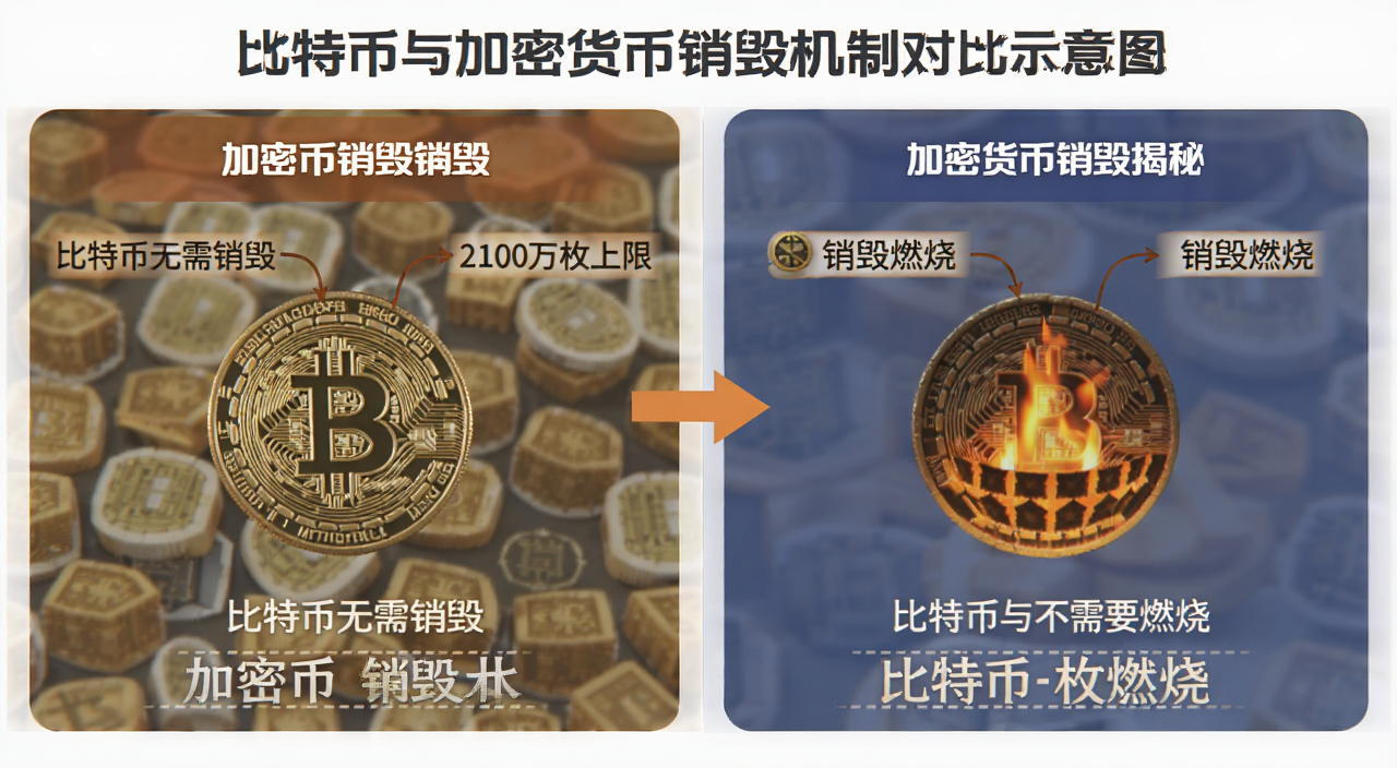 比特币与加密货币销毁机制对比示意图,图中标注“比特币无需销毁”“2100万枚上限”“销毁燃烧”等关键词,概括加密货币销毁揭秘与比特币不需要燃烧的核心内容