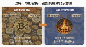 比特币与加密货币销毁机制对比示意图,图中标注“比特币无需销毁”“2100万枚上限”“销毁燃烧”等关键词,概括加密货币销毁揭秘与比特币不需要燃烧的核心内容