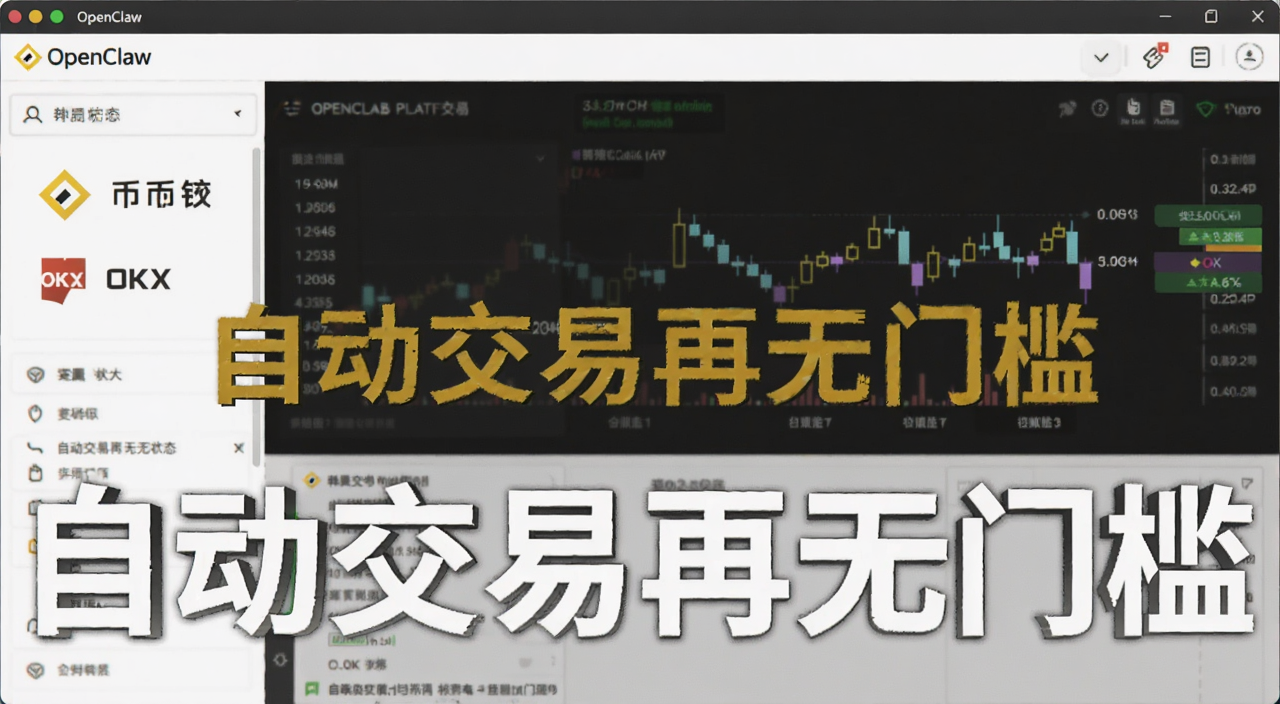OpenClaw自动交易界面展示图,图中包含币安OKX平台标识和自动交易运行状态,文字注明