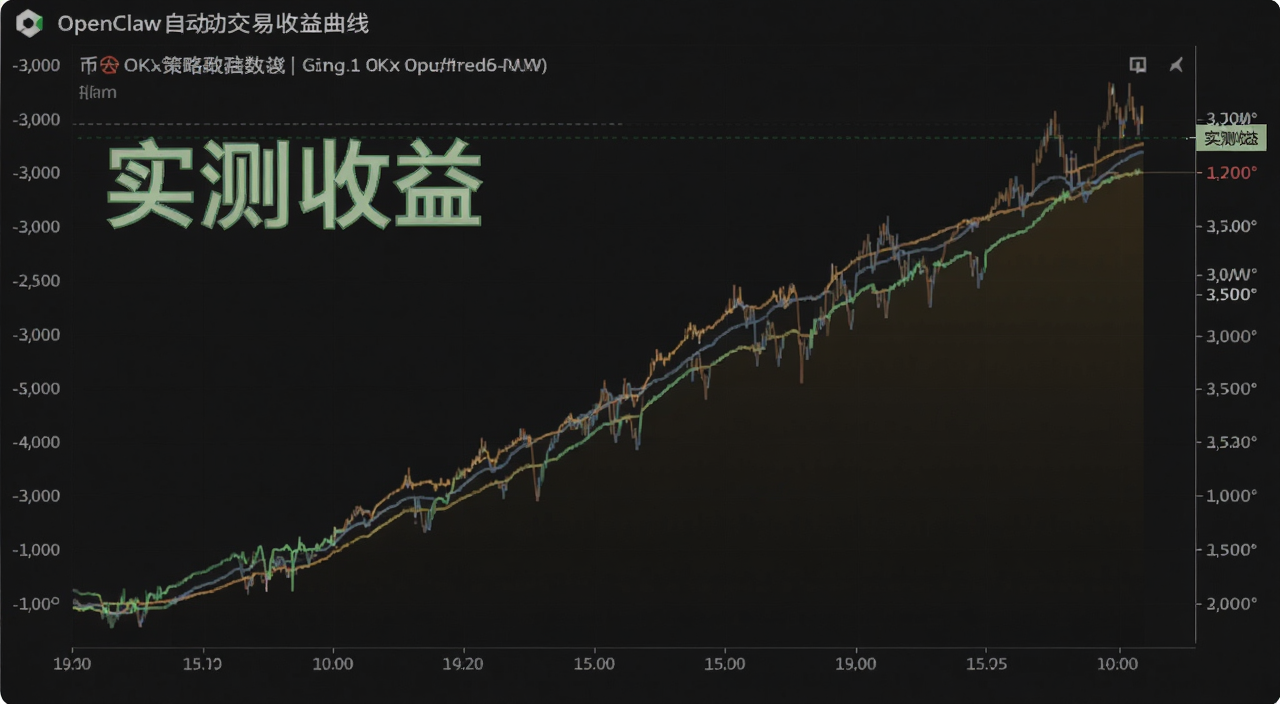 OpenClaw自动交易收益曲线图,图中展示币安OKX策略运行数据,文字注明