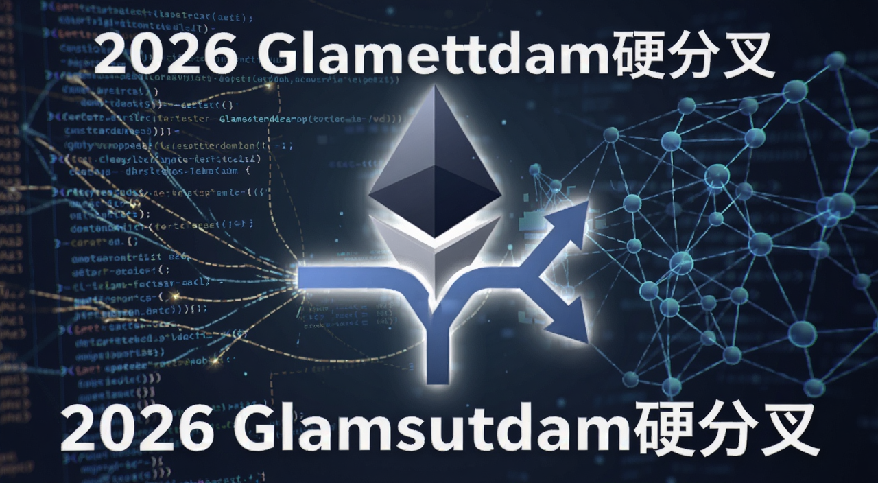 以太坊Glamsterdam升级概念图,画面中央是以太坊标志与分叉箭头,背景是代码和节点网络,文字标注“2026 Glamsterdam硬分叉”