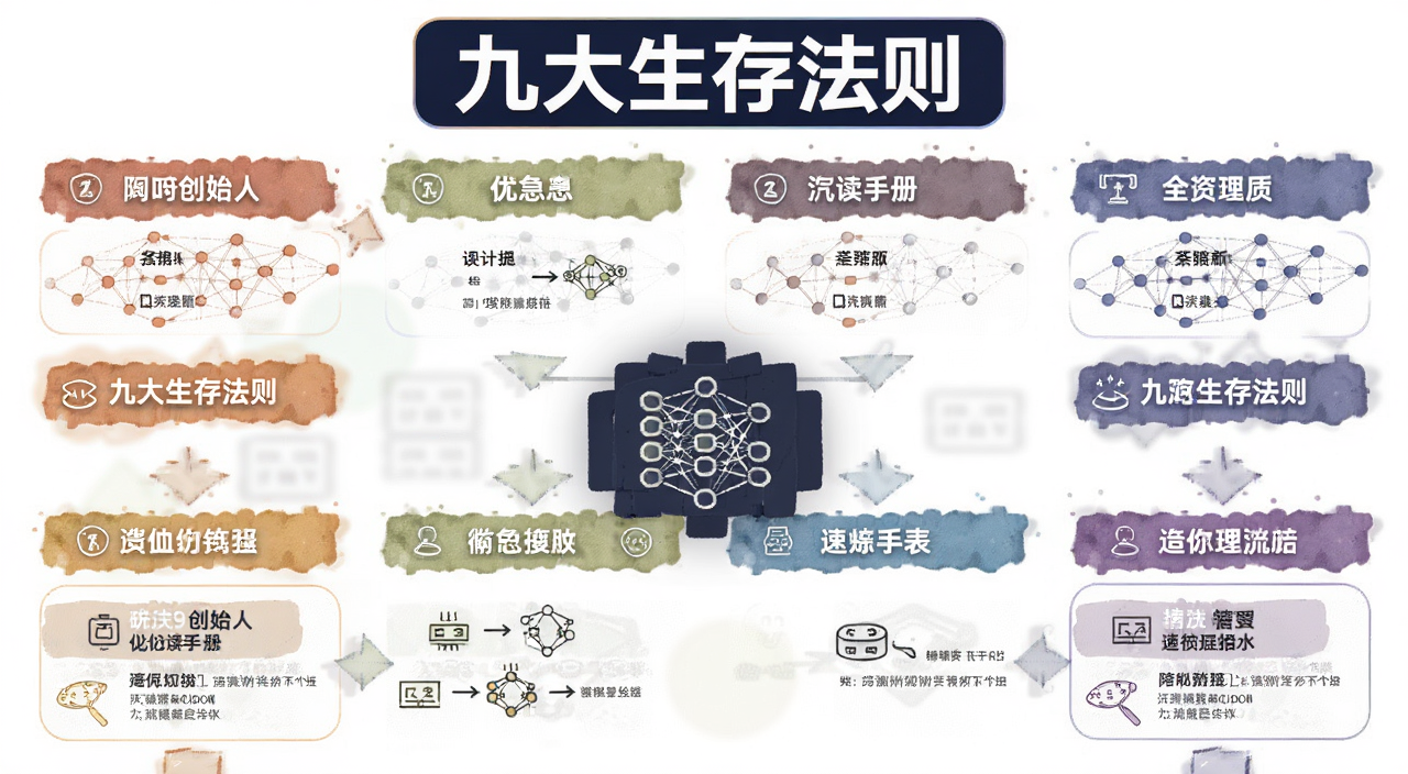 Web3创始人必读手册 九大生存法则 速查表 信息图,图中文字标注“九大生存法则”