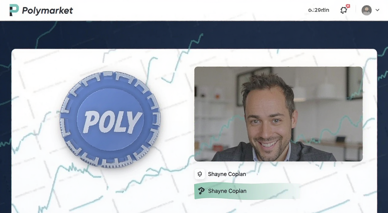 Polymarket预测市场平台界面截图,包含POLY代币图标和创办人Shayne Coplan的名字,画面风格简洁现代,有“Polymarket”字样