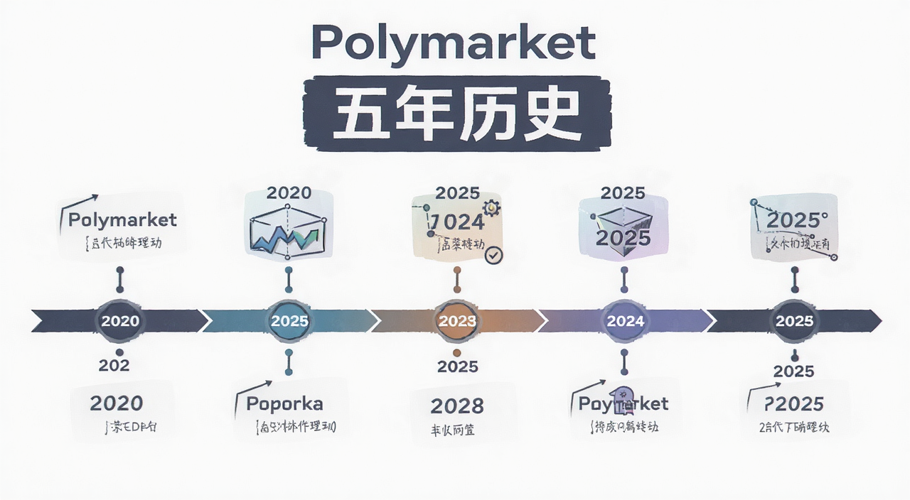 Polymarket五年发展时间线示意图,包含2020到2025的关键事件节点,风格为信息图,有“Polymarket”和“五年历史”字样