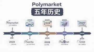 Polymarket五年发展时间线示意图,包含2020到2025的关键事件节点,风格为信息图,有“Polymarket”和“五年历史”字样