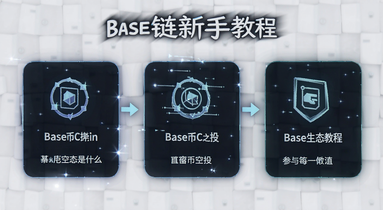Base链新手教程配图,画面中有Base链是什么、Base币空投、参与Base生态教程等文字标注,风格简洁科技感
