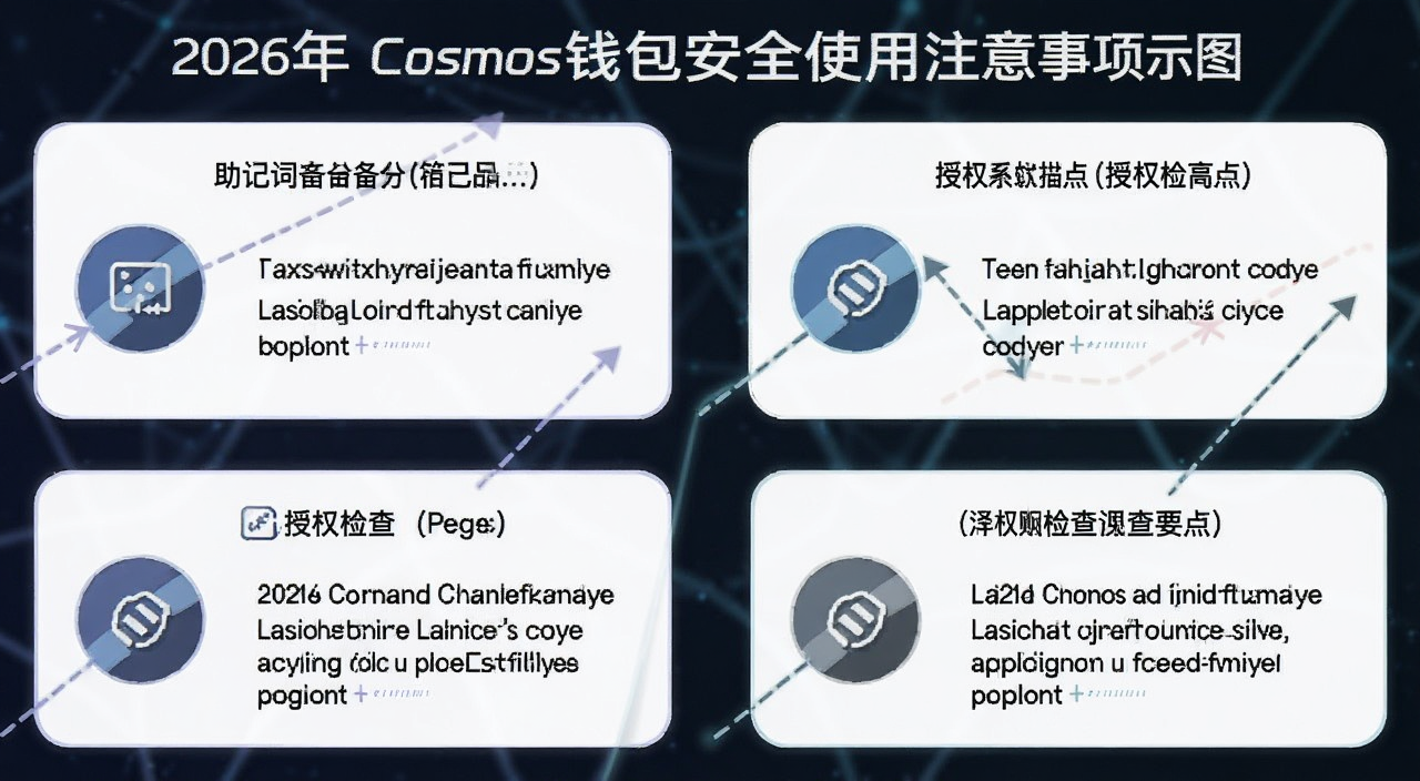 2026年Cosmos钱包安全使用注意事项示意图,标注助记词备份和授权检查要点