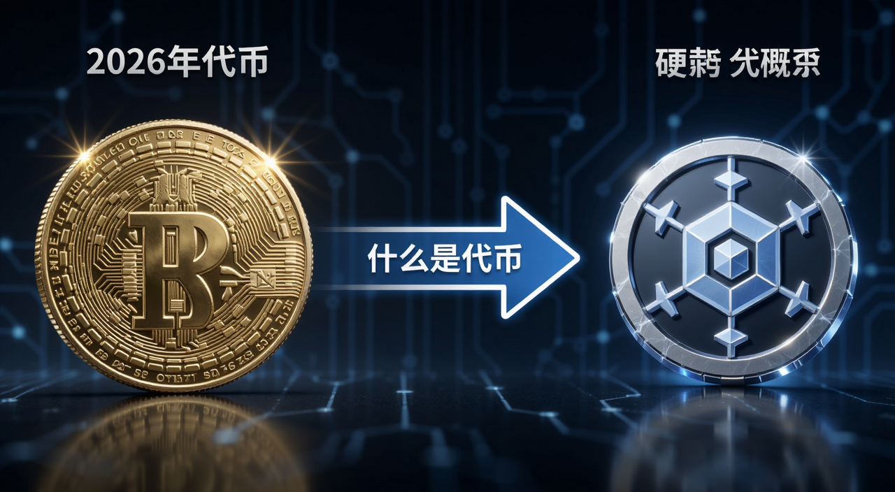 2026年代币与硬币概念对比示意图,画面左侧是一枚闪亮的硬币,右侧是区块链代币图标,中间用箭头连接,标注“什么是代币”字样