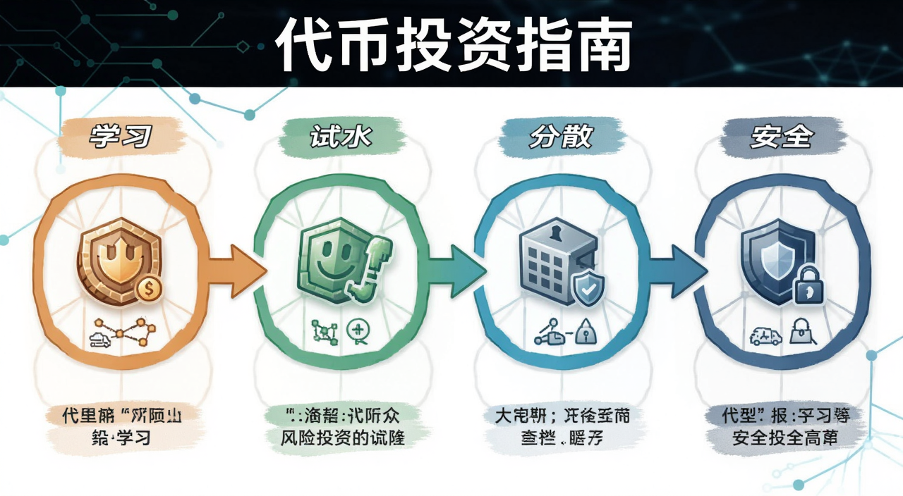 代币投资风险提示与学习路径示意图,包含学习、试水、分散、安全等关键词,标注“代币投资指南”字样