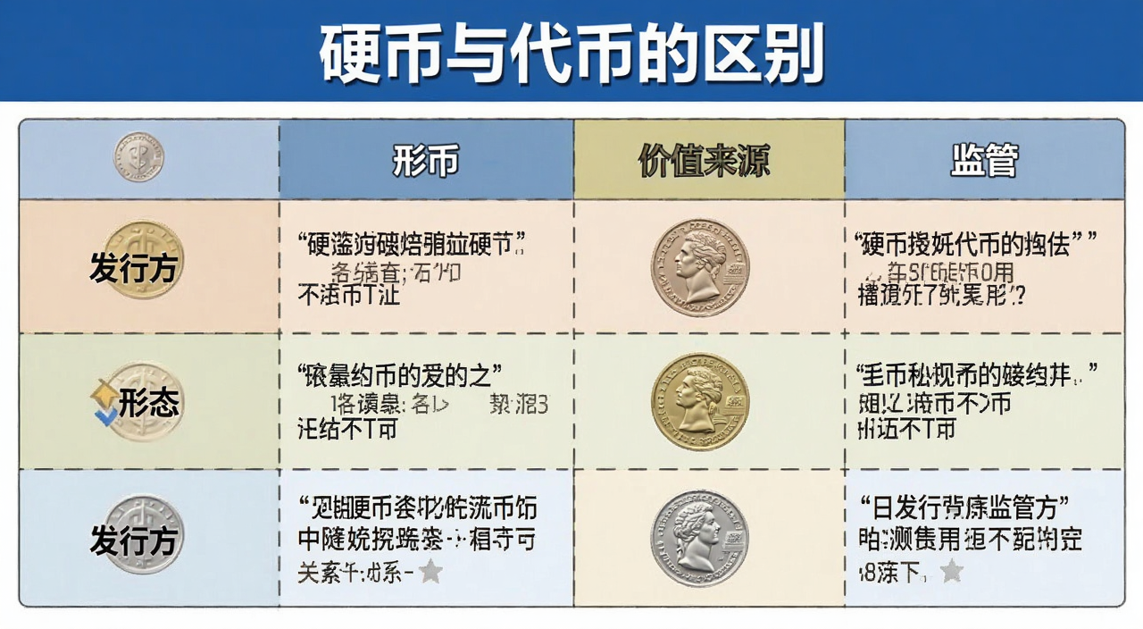 硬币与代币区别对比表格示意图,包含发行方、形态、价值来源、监管等维度,标注“硬币与代币的区别”字样