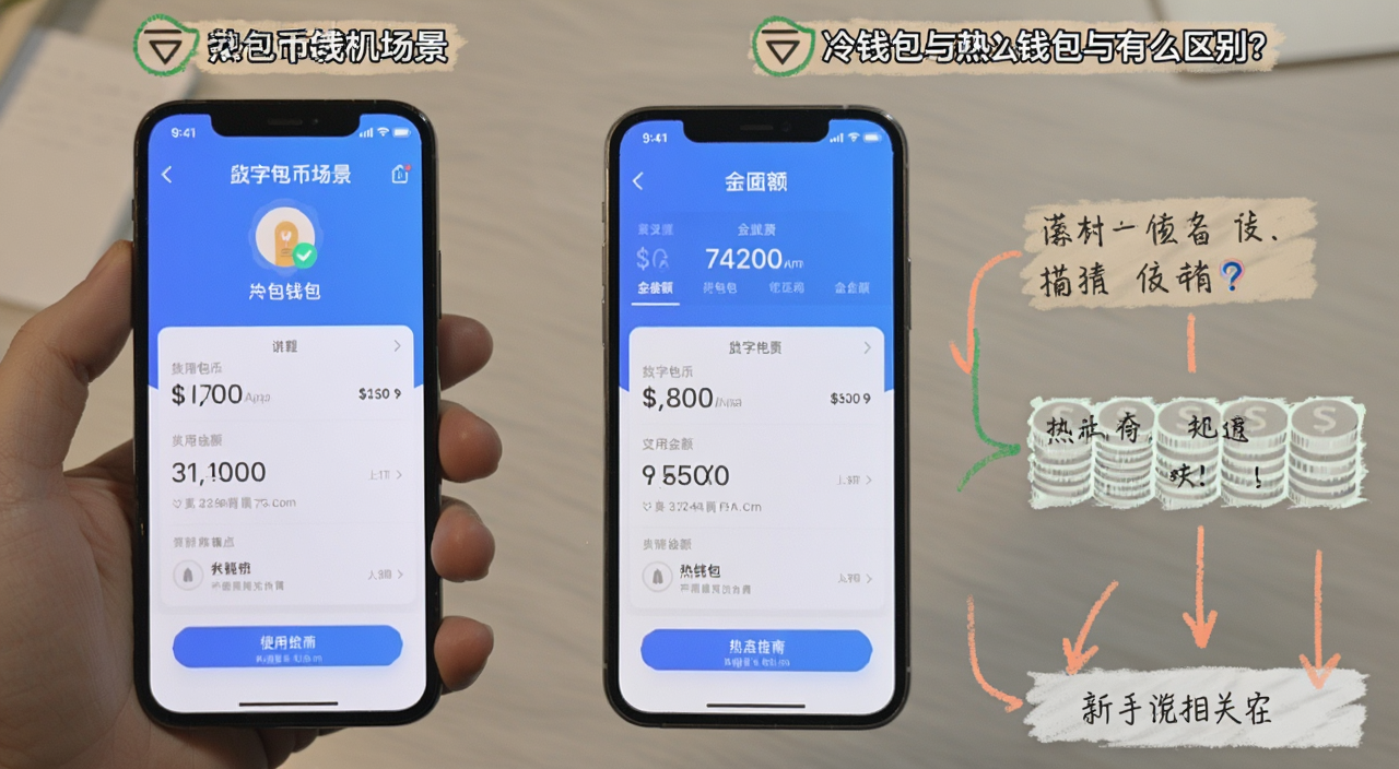 热钱包手机App界面截图,展示数字货币转账和余额页面,标注热钱包使用场景,与冷钱包与热钱包:有什么区别?新手指南相关