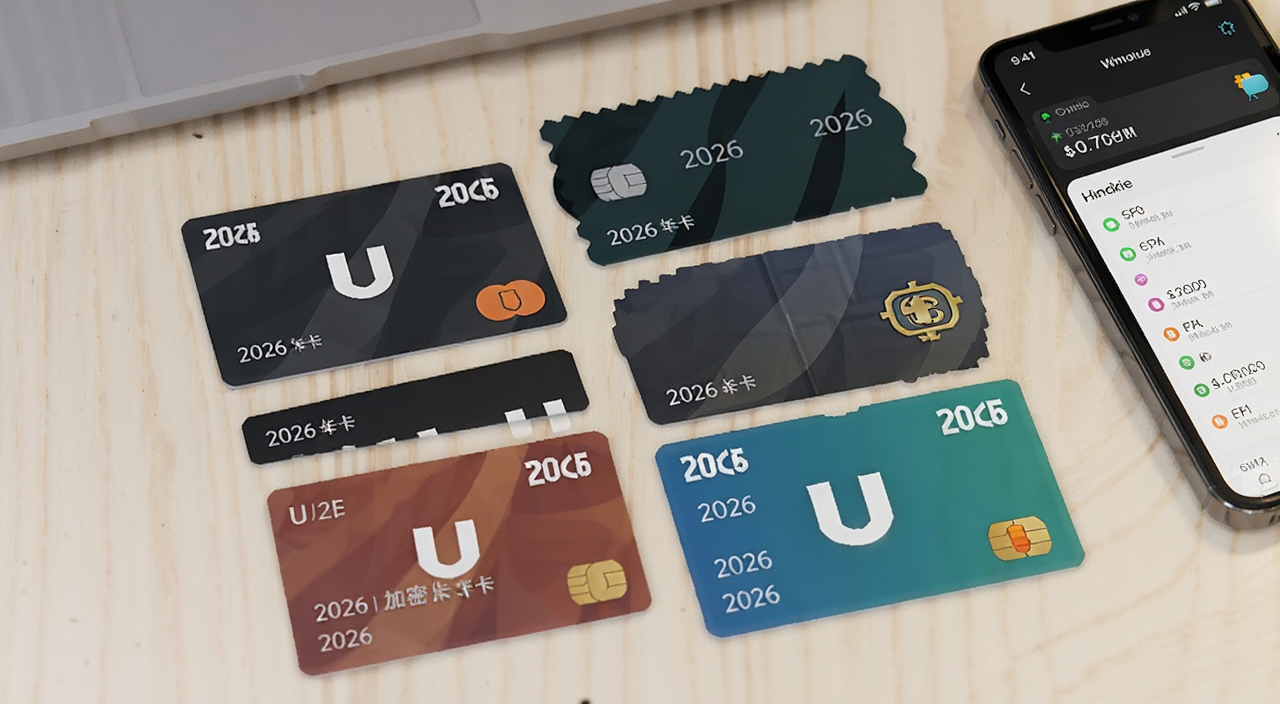 加密U卡盘点,画面中央摆放六张不同样式的加密货币支付卡,卡片上印有2026年份字样和U卡标志,背景是简洁的桌面,旁边放着手机显示数字货币钱包界面,整体风格写实清晰
