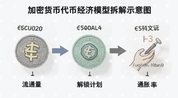 加密货币代币经济模型拆解示意图,包含流通量、解锁计划和通胀率等文字标注