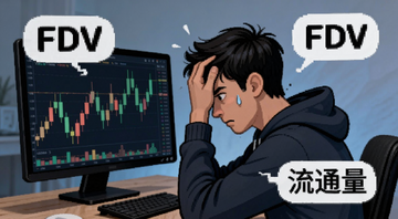 加密货币估值新手常见错误示意图,画面中一个人看着K线图懊恼,旁边有