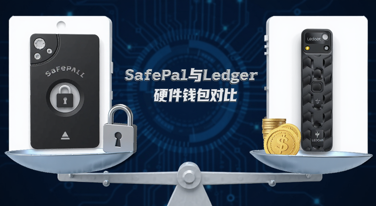 硬件钱包对比示意图,画面左侧是SafePal卡片式钱包右侧是Ledger Nano设备,中间用天平托起安全锁和金币图标,背景为深蓝色科技感,图片中央用文字标注“SafePal与Ledger硬件钱包对比”