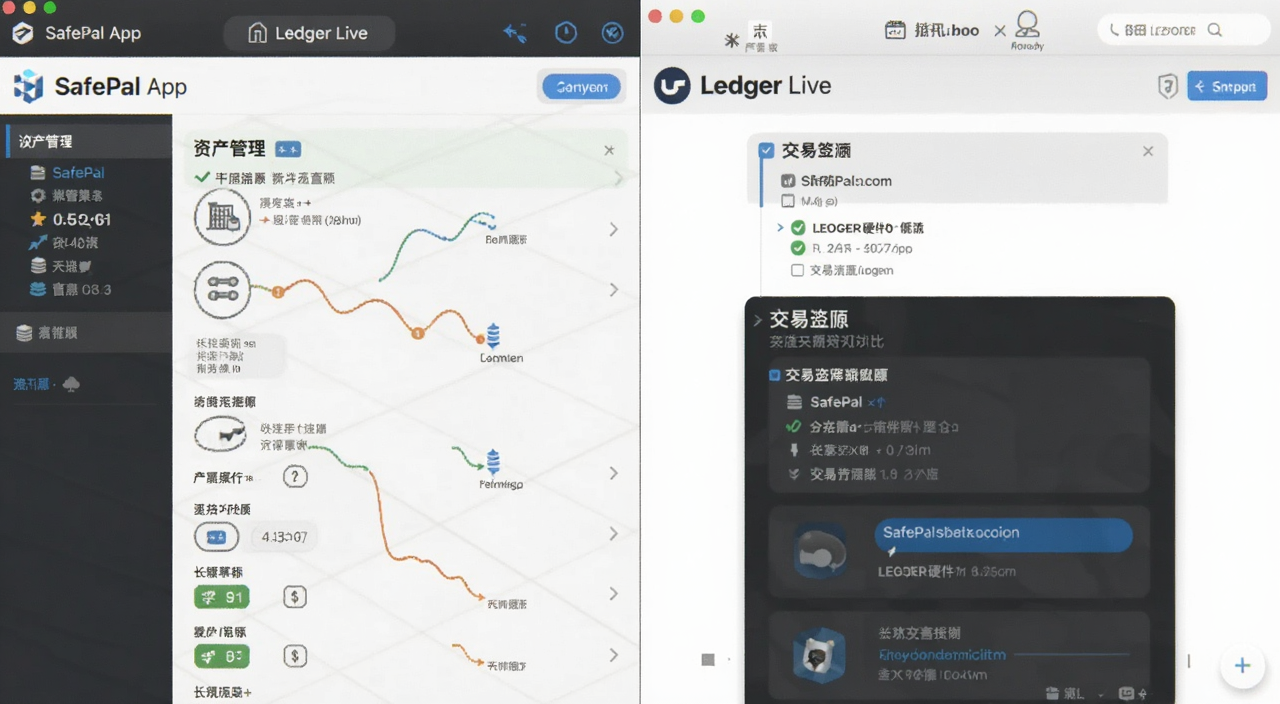 SafePal App与Ledger Live软件界面同屏对比截图,展示资产管理页面和交易签名流程,关键词包含SafePal与Ledger硬件钱包对比