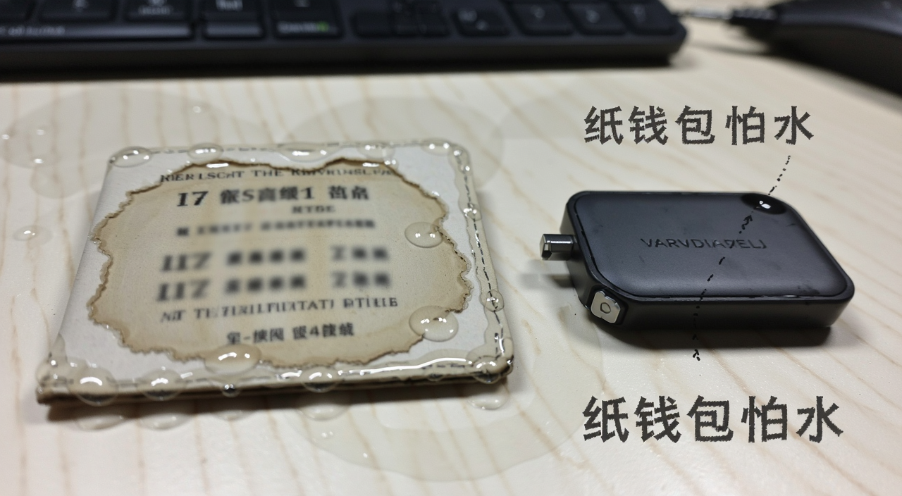 一张被水泡过的纸钱包,字迹模糊,旁边放着一个硬件钱包做对比,背景是桌面,文字注明“纸钱包怕水”