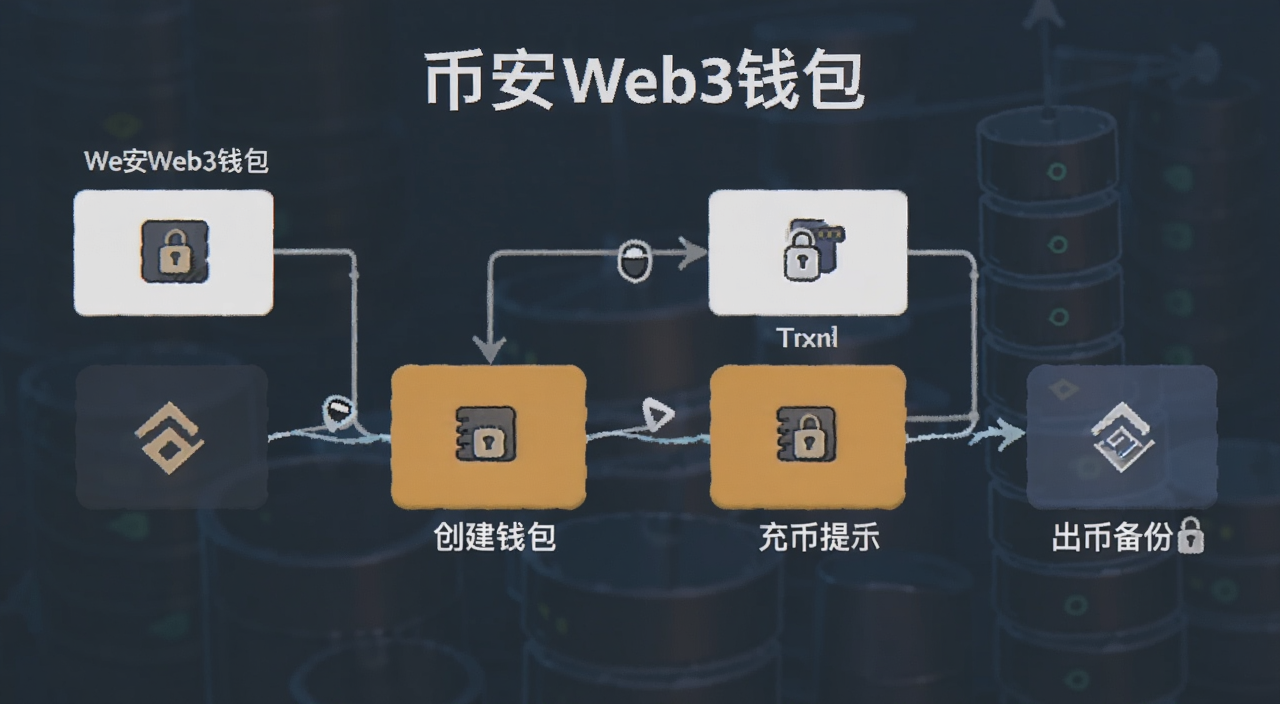币安Web3钱包注册到出入金全流程示意图,图中标注Web3钱包入口、创建钱包、助记词备份、充币提币等关键步骤,文字用“币安Web3钱包”注明