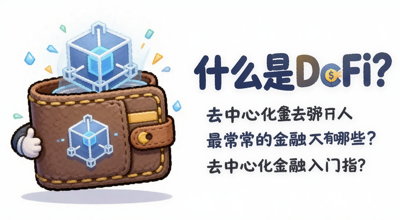 一个卡通风格的钱包和区块链图标,旁边写着什么是DeFi?最常见的应用方式有哪些?去中心化金融入门指南,代表去中心化金融概念,文字用“什么是DeFi”注明
