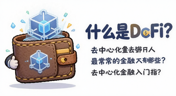 一个卡通风格的钱包和区块链图标,旁边写着什么是DeFi?最常见的应用方式有哪些?去中心化金融入门指南,代表去中心化金融概念,文字用“什么是DeFi”注明