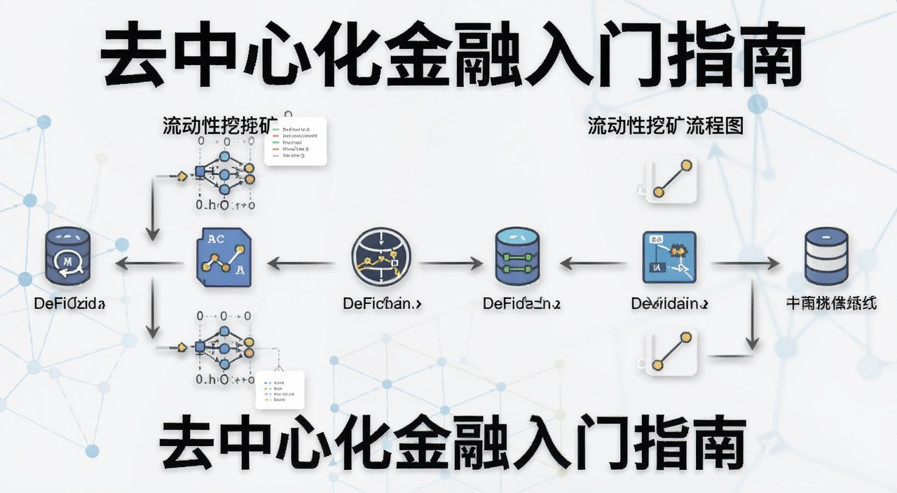DeFi借贷和流动性挖矿流程图,包含去中心化金融入门指南文字,文字用“去中心化金融入门指南”注明