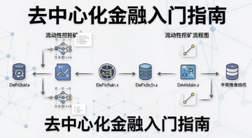 DeFi借贷和流动性挖矿流程图,包含去中心化金融入门指南文字,文字用“去中心化金融入门指南”注明