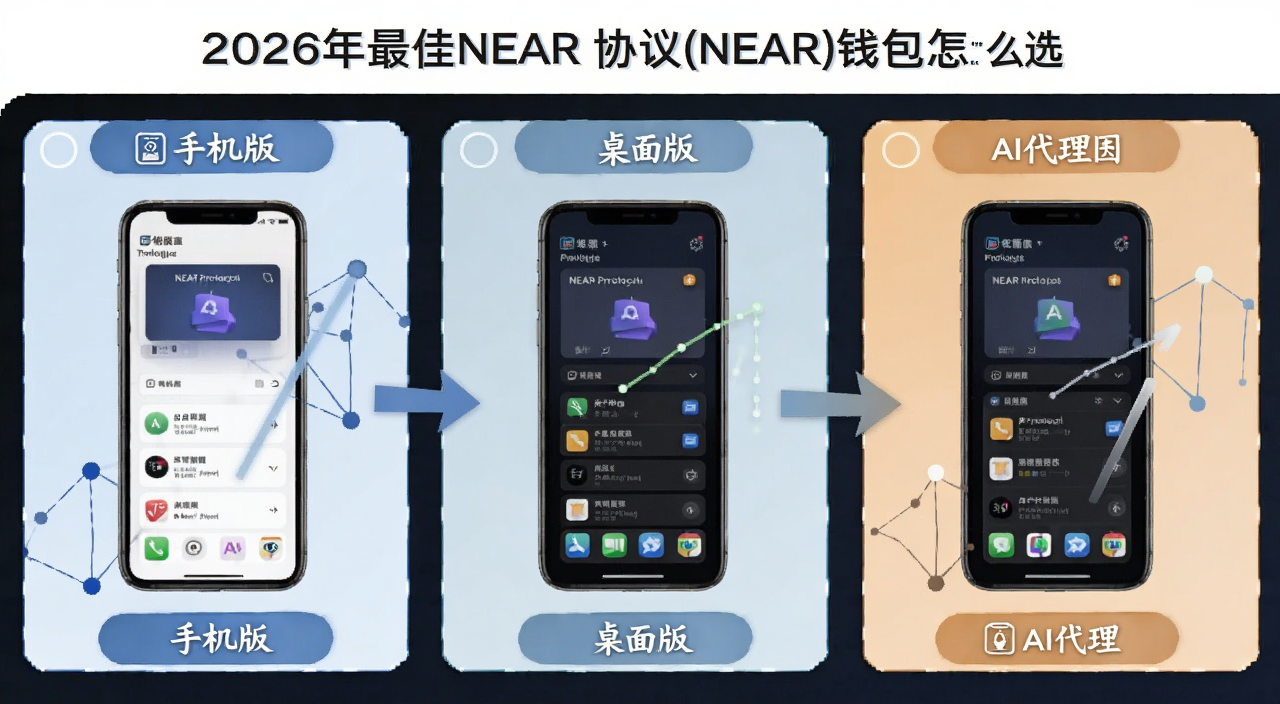 NEAR协议钱包手机桌面AI代理对比示意图,图中标注手机版、桌面版、AI代理三大方向,配文字