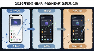 NEAR协议钱包手机桌面AI代理对比示意图,图中标注手机版、桌面版、AI代理三大方向,配文字