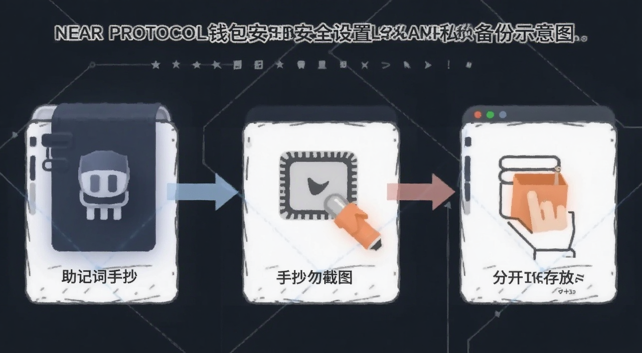 NEAR协议钱包安全设置与私钥备份示意图,标注助记词手抄、勿截图、分开存放等要点