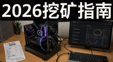2026年加密货币挖矿完整指南封面图,一台家用矿机在书桌上运行,旁边有电费账单和算力监控界面,画面带文字“2026挖矿指南”