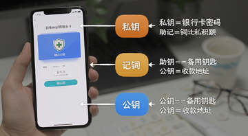 BitKeep钱包新手教程私钥助记词公钥概念示意图,手机屏幕上显示钱包创建页面,旁边标注私钥、助记词、公钥三个关键词,配文字“私钥=银行卡密码 助记词=备用钥匙 公钥=收款地址”