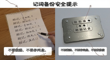 助记词备份安全提示图,展示手写助记词纸张和金属助记词板对比,文字标注“不要截图、不要存网盘、不要发微信”