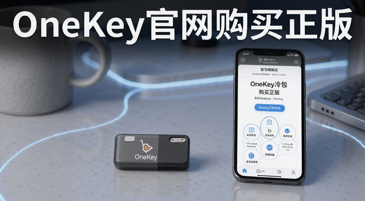 OneKey冷钱包官网购买正版教程封面图,画面中一台OneKey硬件钱包放在桌面上,旁边有手机显示官网购买页面,背景简洁科技感,图中文字标注“OneKey官网购买正版”