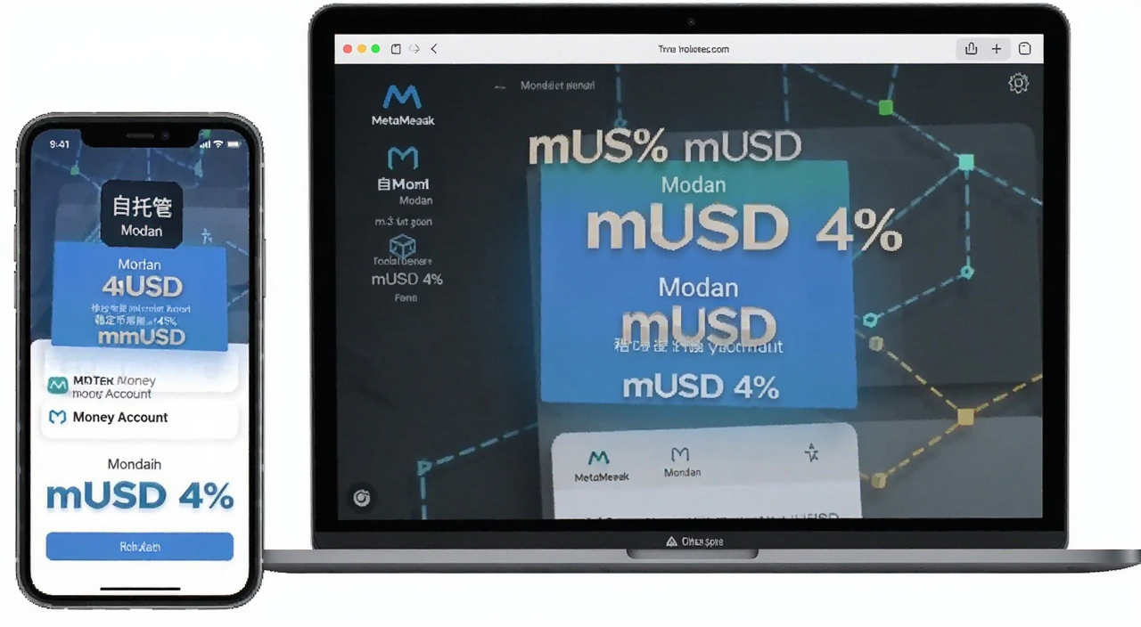 MetaMask自托管Money Account界面截图,Monad网络标识,稳定币mUSD 4%收益数字醒目,手机和电脑端同时展示,文字注明“自托管”“Monad”“mUSD 4%”