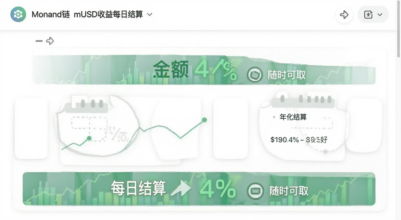 Monad链上mUSD收益每日结算页面截图,显示余额增长和年化4%标识,文字注明“每日结算”“随时可取”