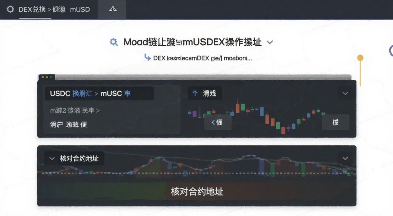 Monad链上DEX兑换mUSD操作界面,显示USDC换mUSD汇率和滑点设置,文字注明“核对合约地址”