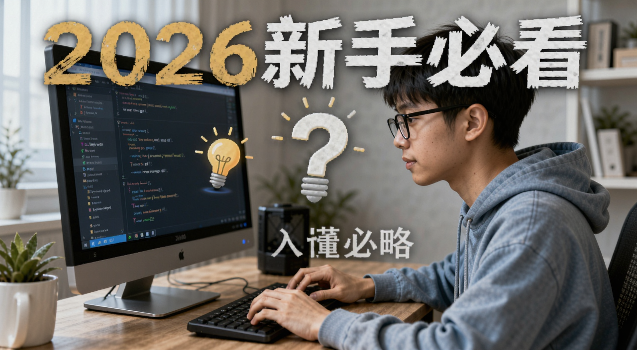 新手小白也能看懂2026入门全攻略封面图,画面是一个年轻人坐在电脑前认真看教程,旁边有问号和灯泡图标代表从不懂到懂的过程,文字标注2026新手必看
