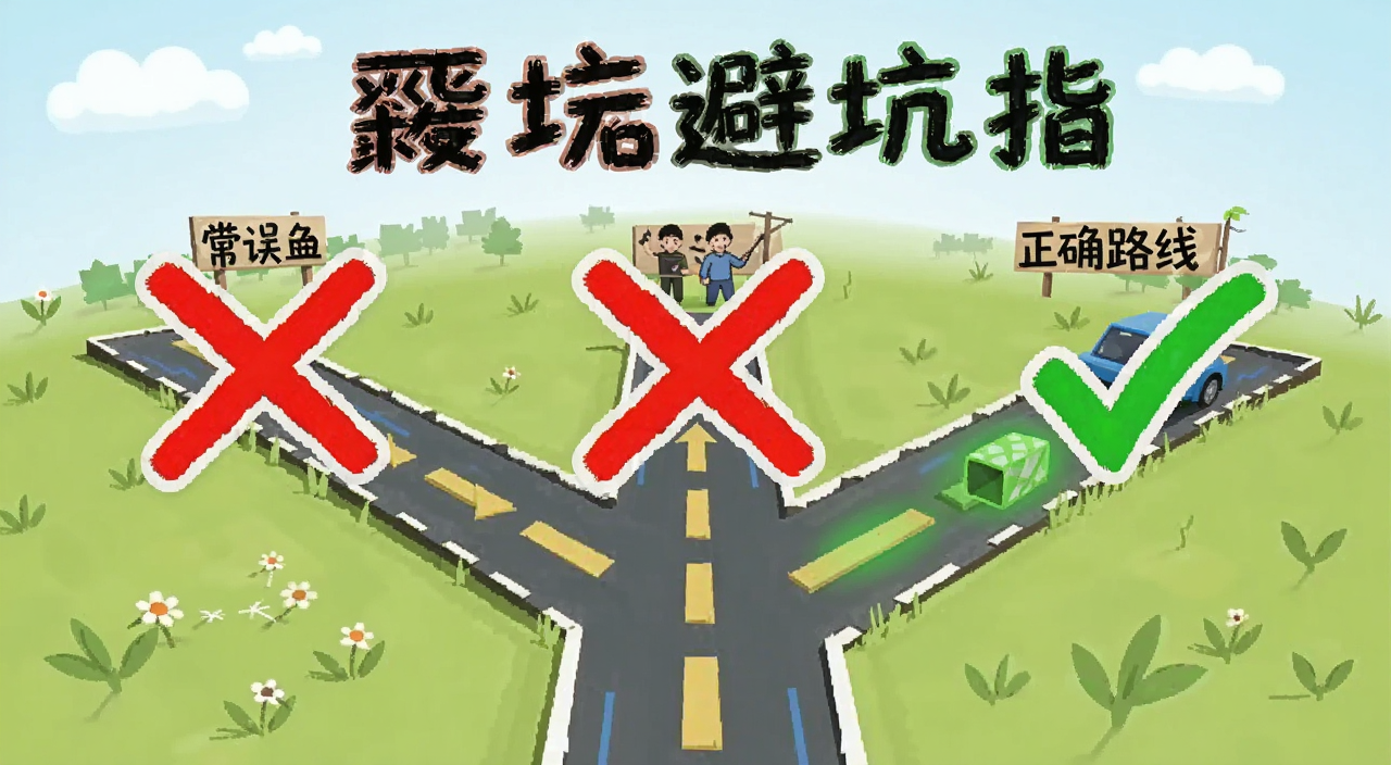 新手小白也能看懂常见踩坑示意图,画面是三条分岔路,两条标着错误选项打红叉,一条标着正确路线打绿勾,文字标注新手避坑指南