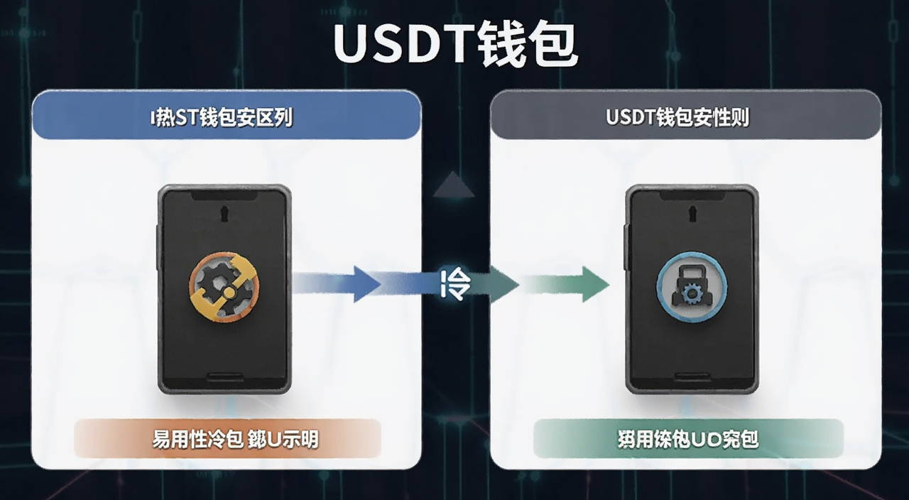 USDT钱包安全性与易用性对比示意图,图中标注热钱包冷钱包区别,文字注明“USDT钱包”