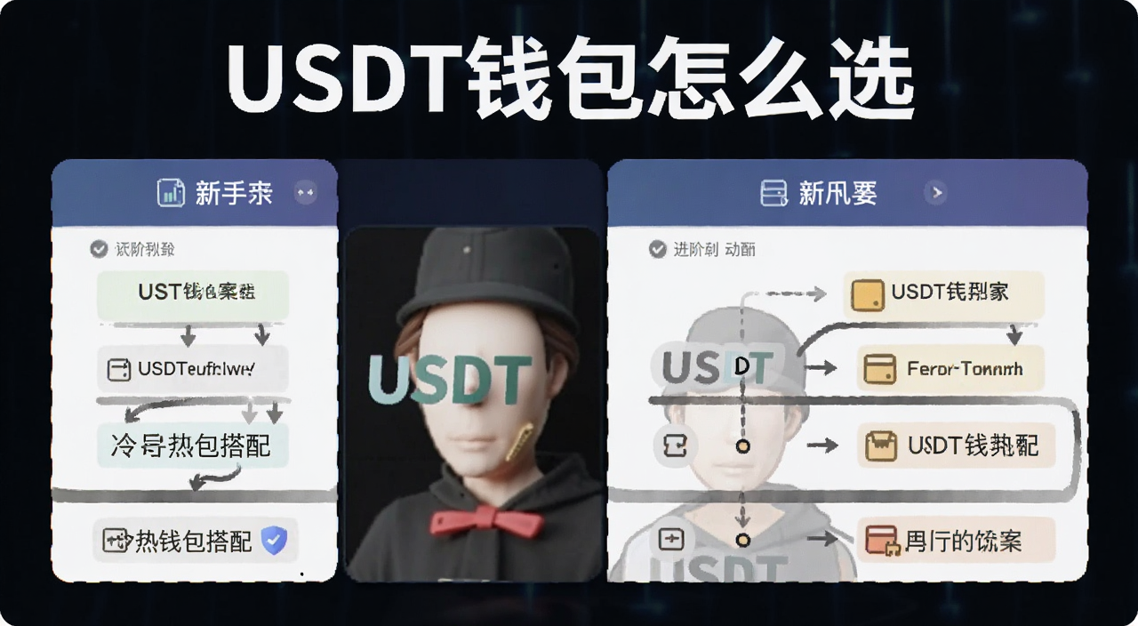 USDT钱包选择流程图,从新手到进阶的冷热钱包搭配方案,文字注明“USDT钱包怎么选”