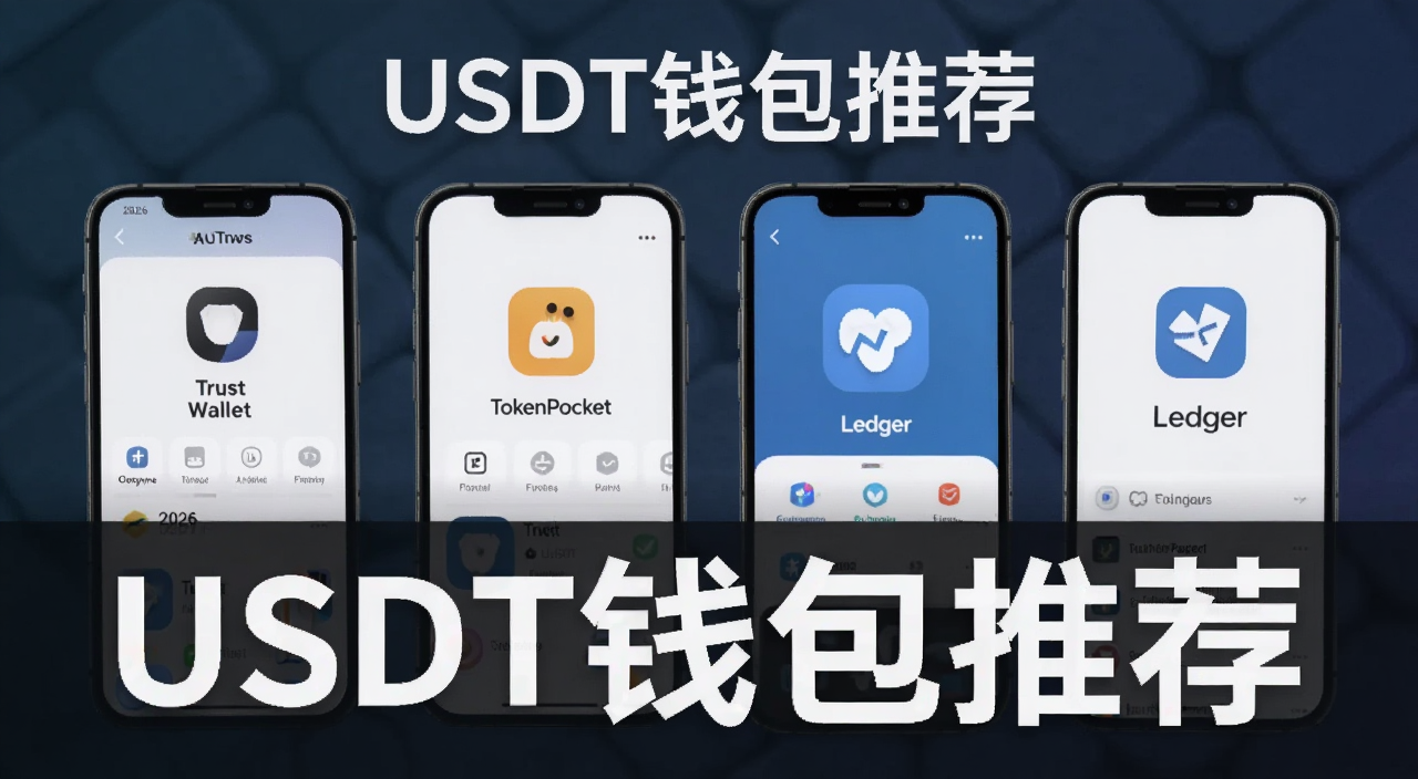 2026年主流USDT钱包App界面展示,包含Trust Wallet、TokenPocket、Ledger等,文字注明“USDT钱包推荐”