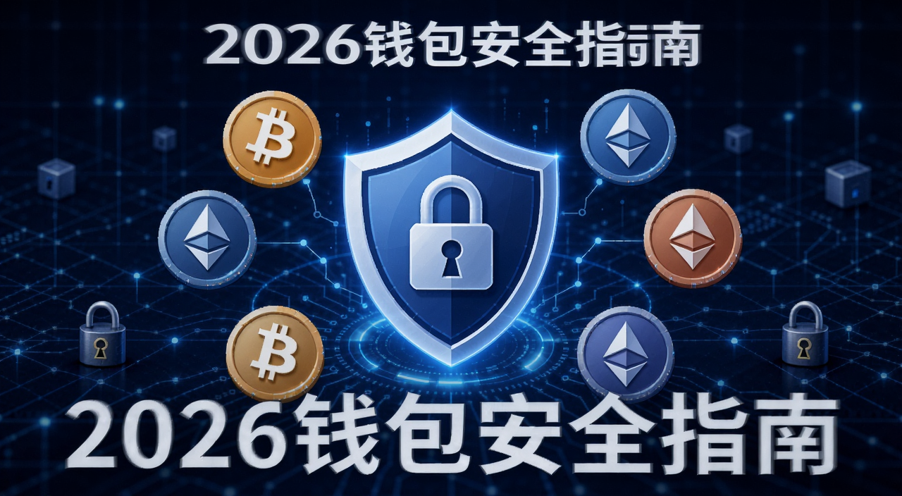 加密货币钱包安全选择示意图,画面中央是一个带锁的盾牌图标,周围环绕比特币以太坊等主流币种符号,背景是深蓝色科技感网格,文字标注“2026钱包安全指南”