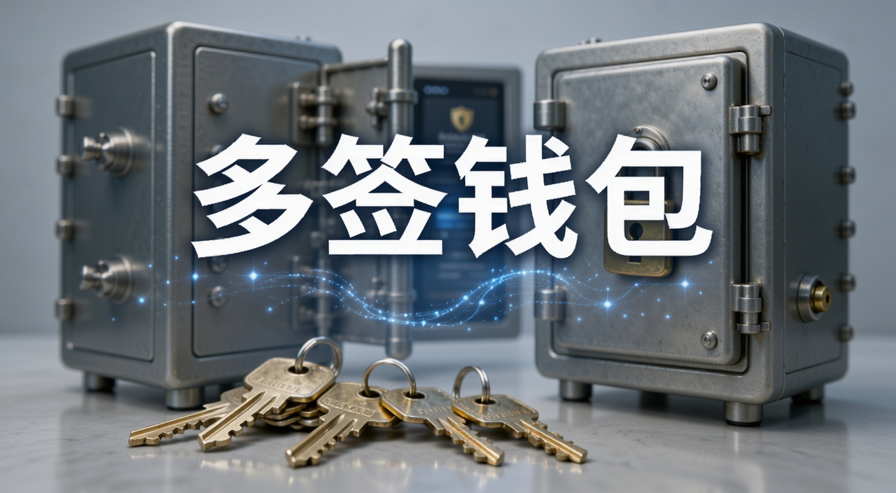 多签钱包概念示意图,画面中有一个保险柜和几把钥匙,标注“多签钱包”文字,关键词包含多签钱包
