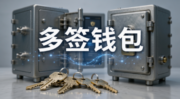多签钱包概念示意图,画面中有一个保险柜和几把钥匙,标注“多签钱包”文字,关键词包含多签钱包