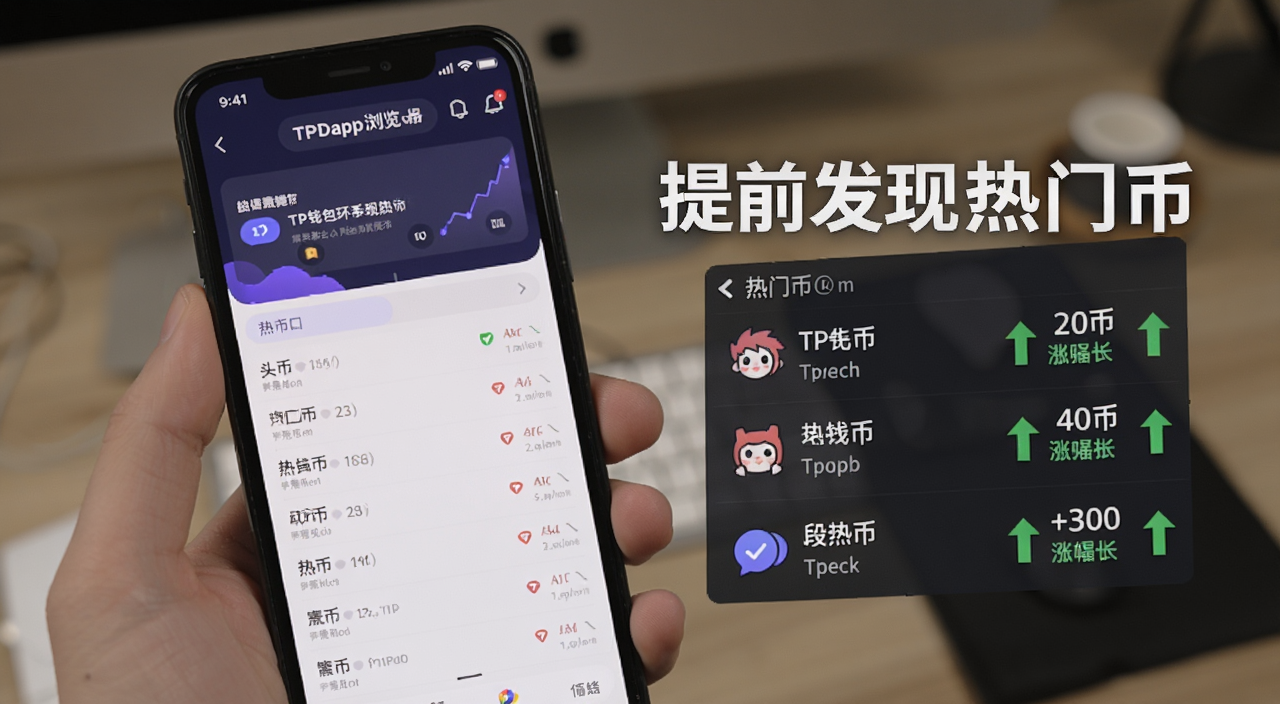 TP钱包怎么提前发现热门币教程,手机屏幕上显示TP钱包DApp浏览器界面,旁边有热门币种列表和涨幅箭头,配文字“提前发现热门币”