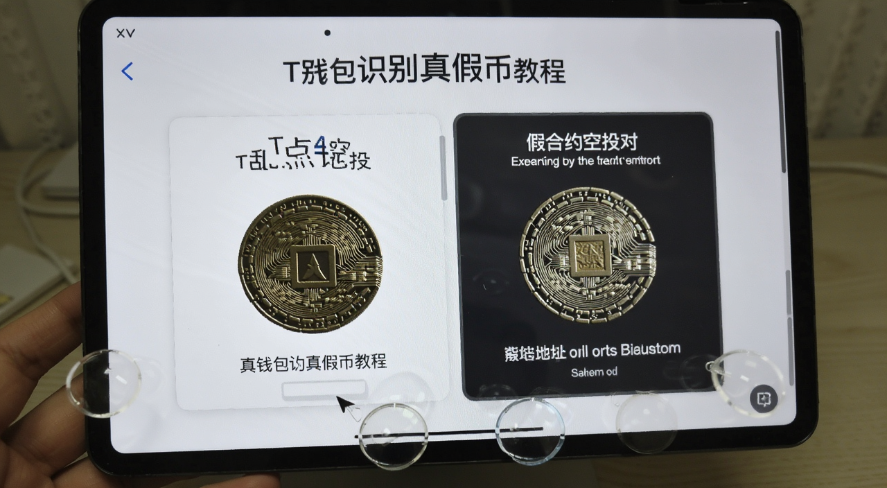 TP钱包识别真假币教程,展示真币和假币合约地址对比界面,配文字“别乱点空投”